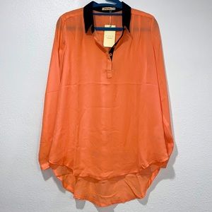 Diesel Woman’s Peach Long sleeve see thru collard Blouse Size Medium NWT